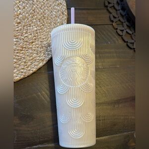 Starbucks Pearl White Embossed Cold Cup with Pastel Straw